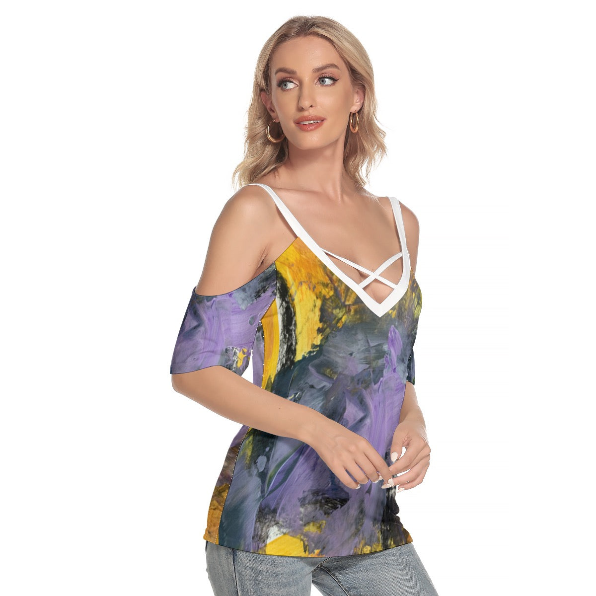 All-Over Print Women's Cold Shoulder T-shirt With Criss Cross Strips