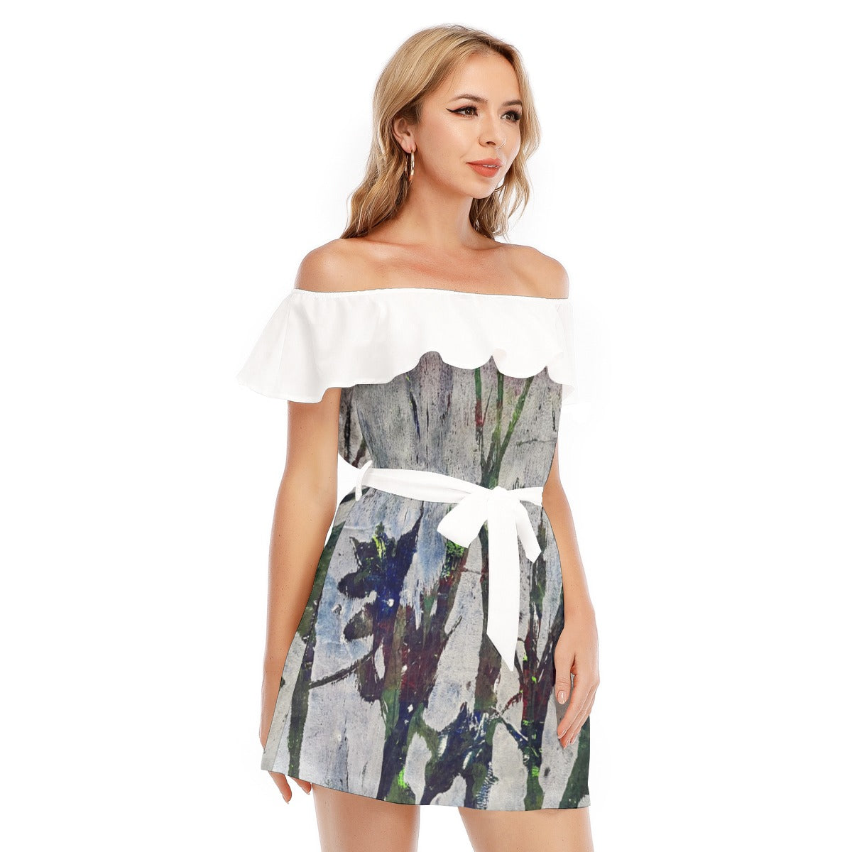 All-Over Print Women's Off-shoulder Dress With Ruffle