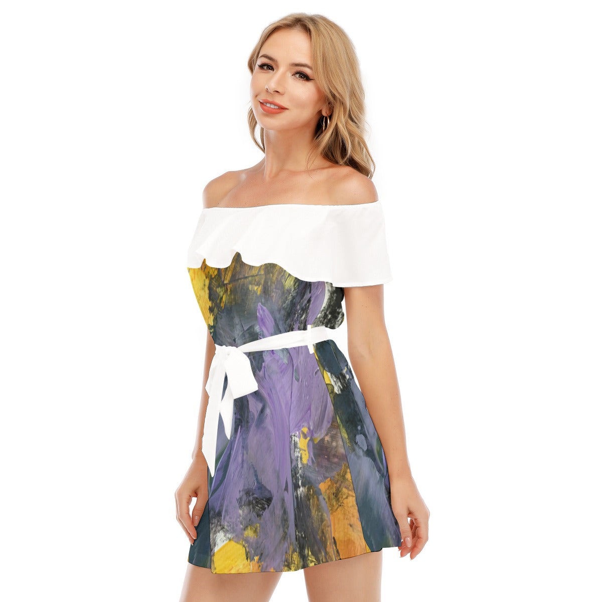 All-Over Print Women's Off-shoulder Dress With Ruffle