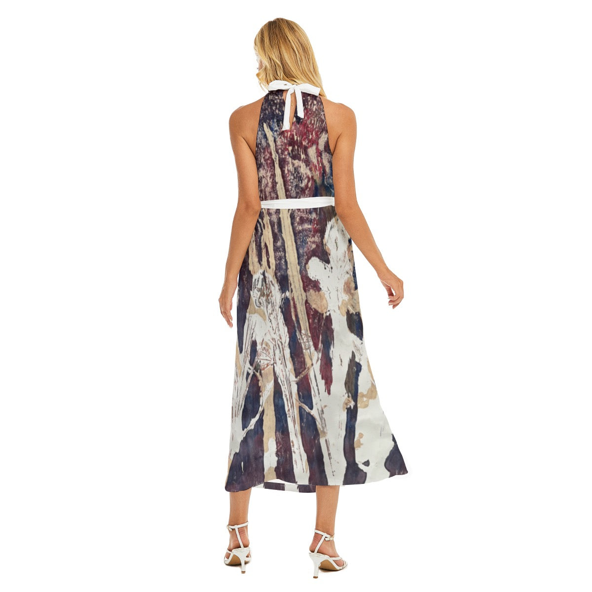 All-Over Print Women's Wrap Hem Belted Halter Dress