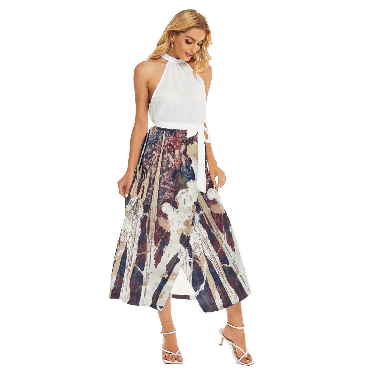 All-Over Print Women's Wrap Hem Belted Halter Dress