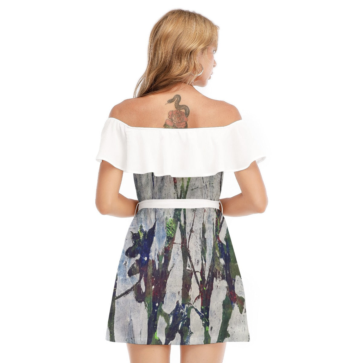 All-Over Print Women's Off-shoulder Dress With Ruffle