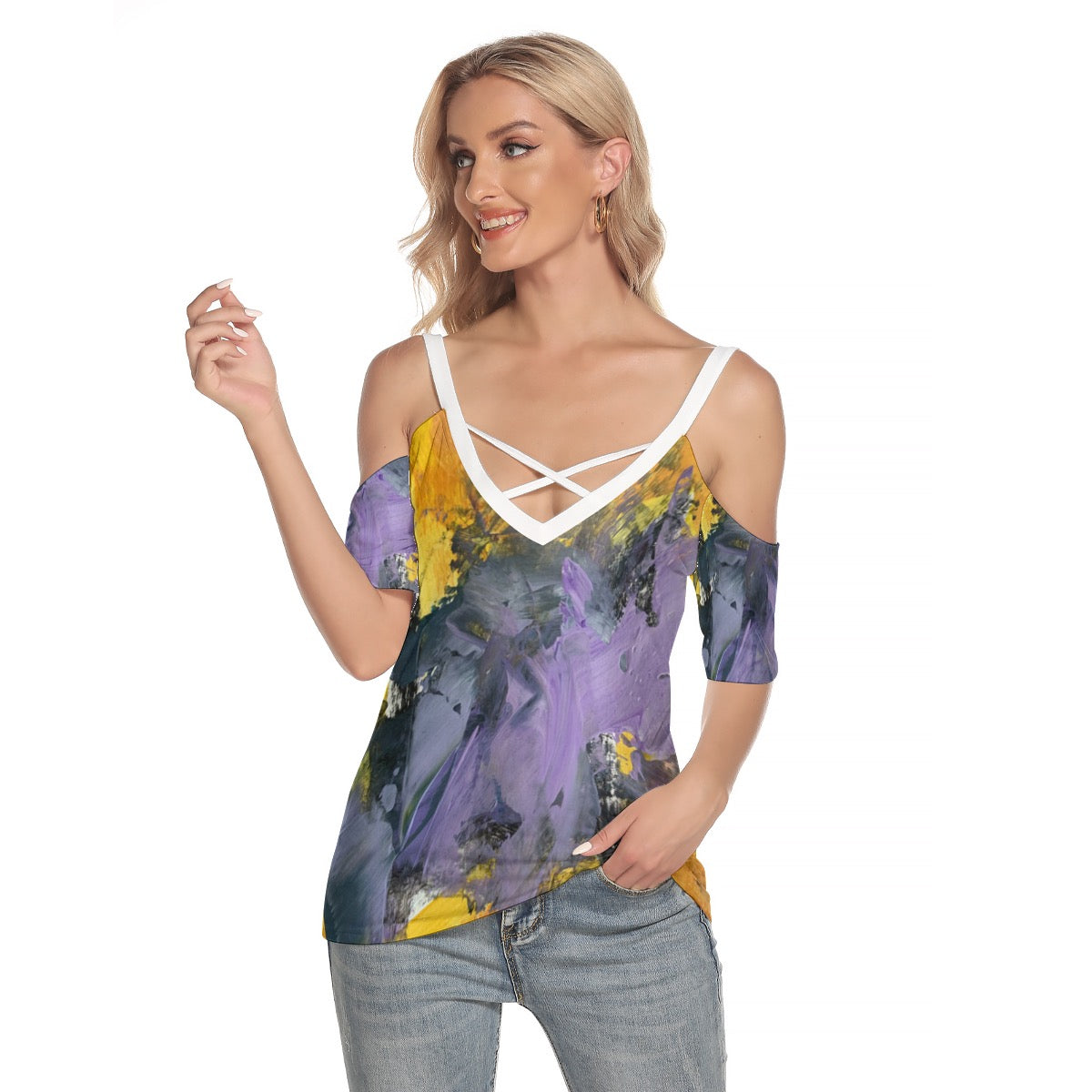 All-Over Print Women's Cold Shoulder T-shirt With Criss Cross Strips