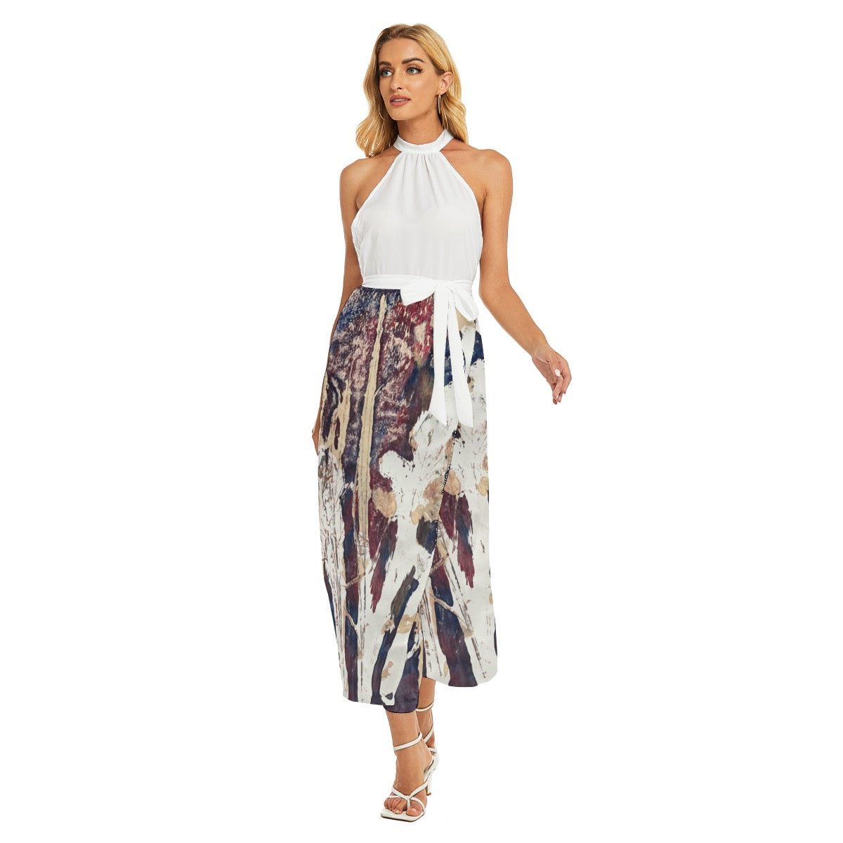 All-Over Print Women's Wrap Hem Belted Halter Dress