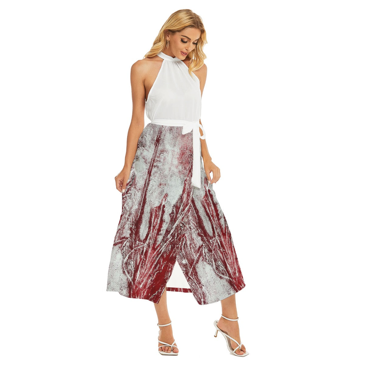 All-Over Print Women's Wrap Hem Belted Halter Dress