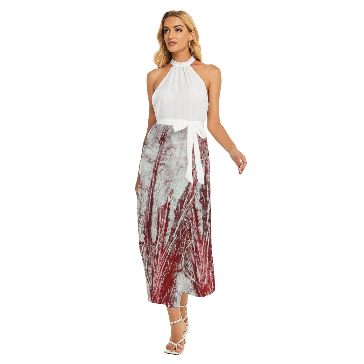 All-Over Print Women's Wrap Hem Belted Halter Dress