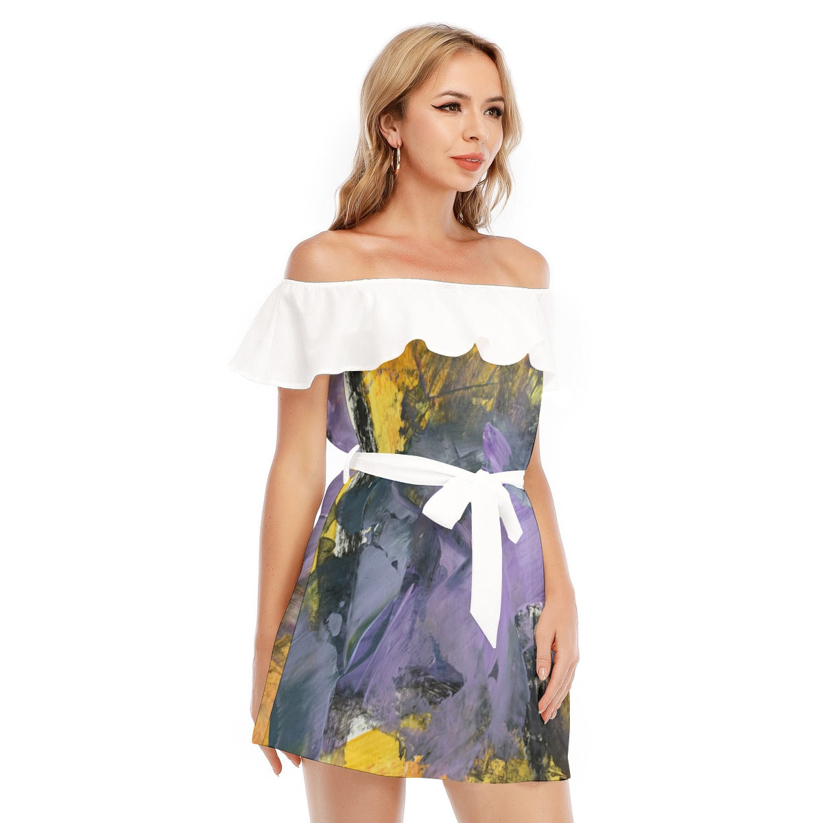 All-Over Print Women's Off-shoulder Dress With Ruffle