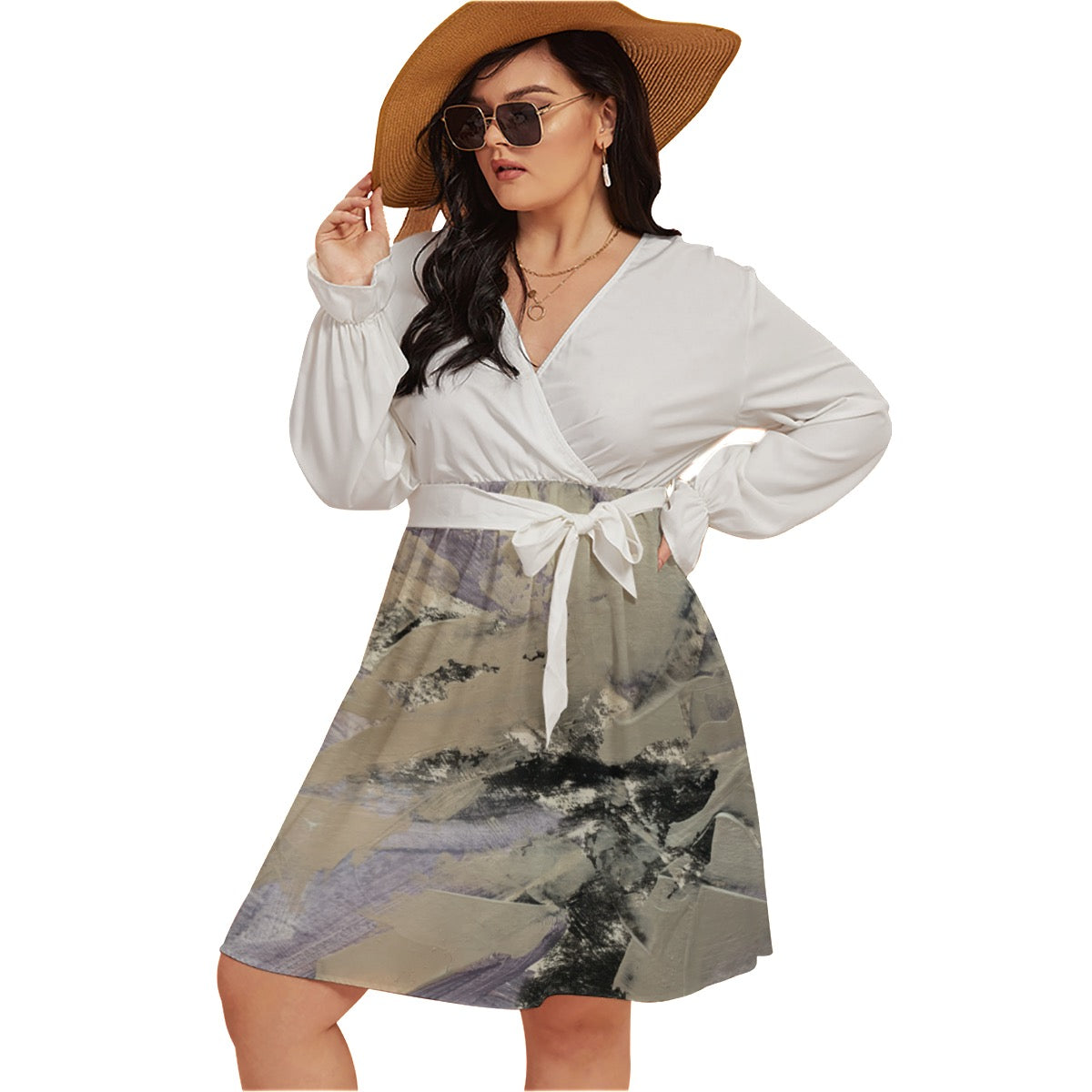 All-Over Print Women's V-neck Dress With Waistband(Plus Size)