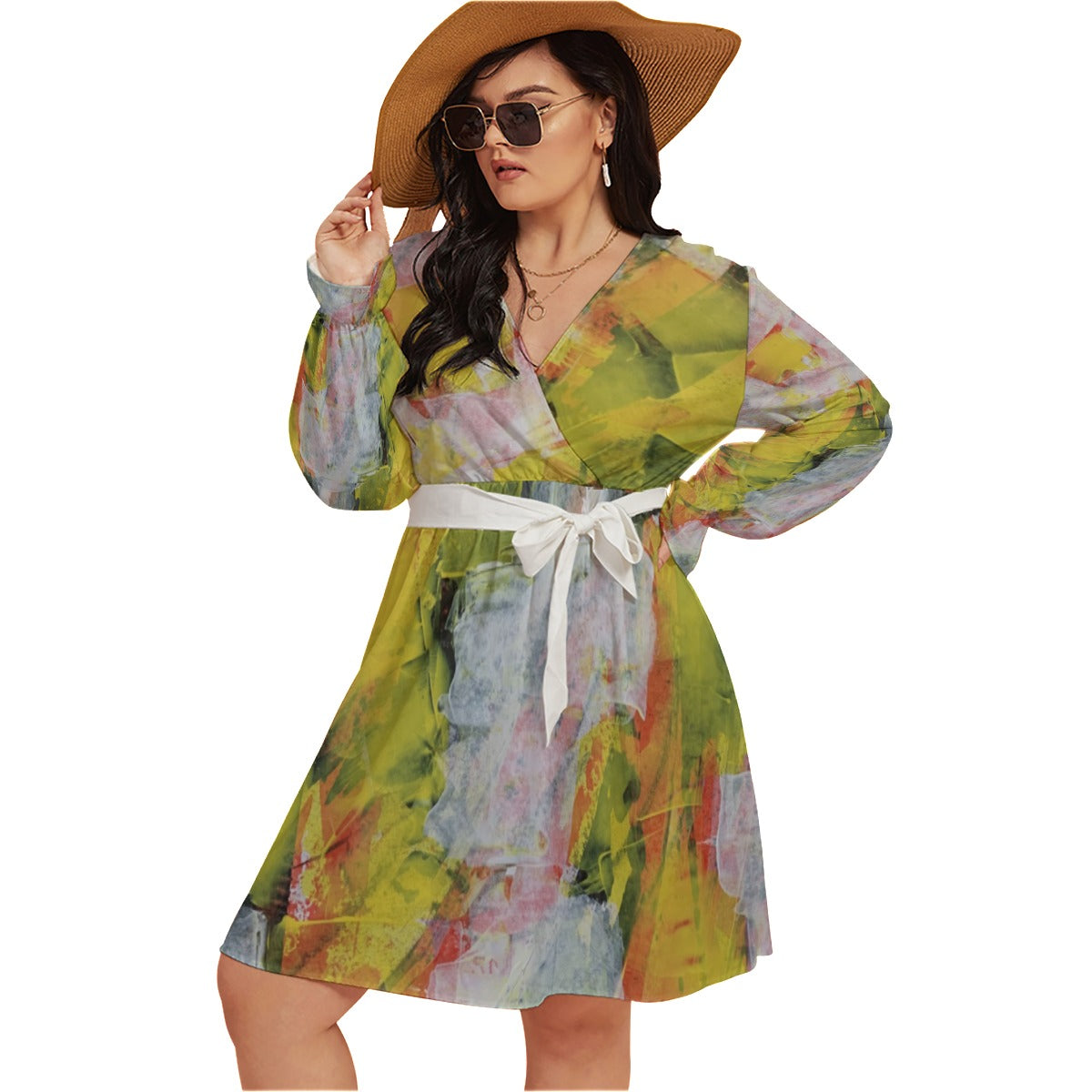 All-Over Print Women's V-neck Dress With Waistband(Plus Size)