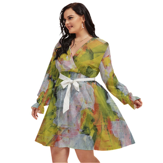 All-Over Print Women's V-neck Dress With Waistband(Plus Size)