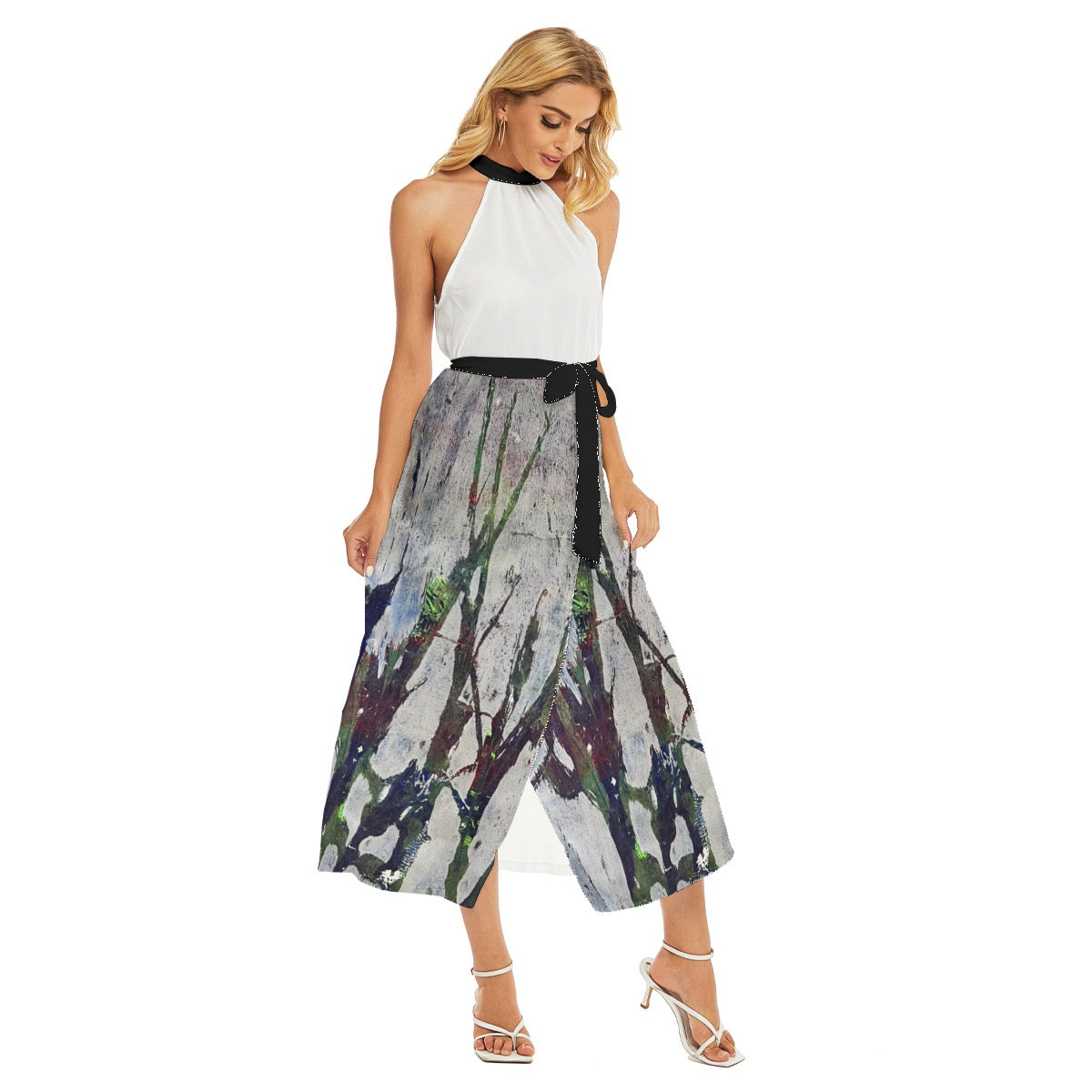 All-Over Print Women's Wrap Hem Belted Halter Dress