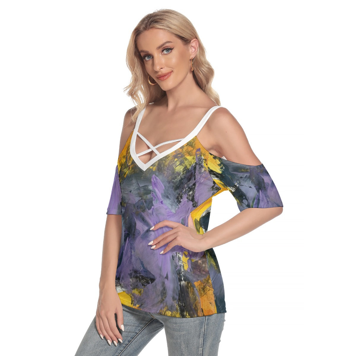 All-Over Print Women's Cold Shoulder T-shirt With Criss Cross Strips