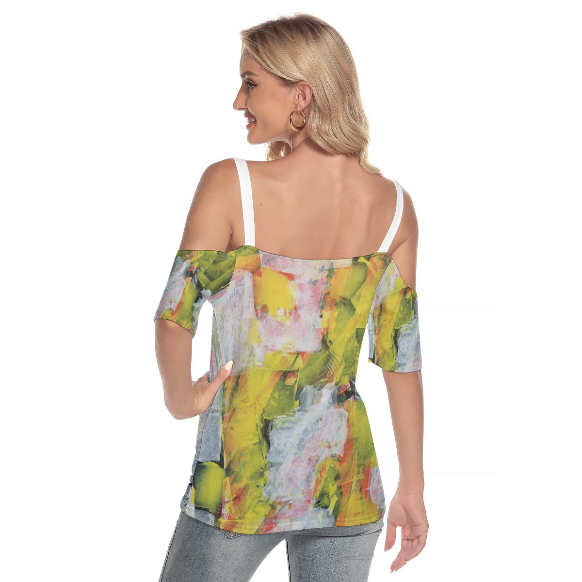 All-Over Print Women's Cold Shoulder T-shirt With Criss Cross Strips