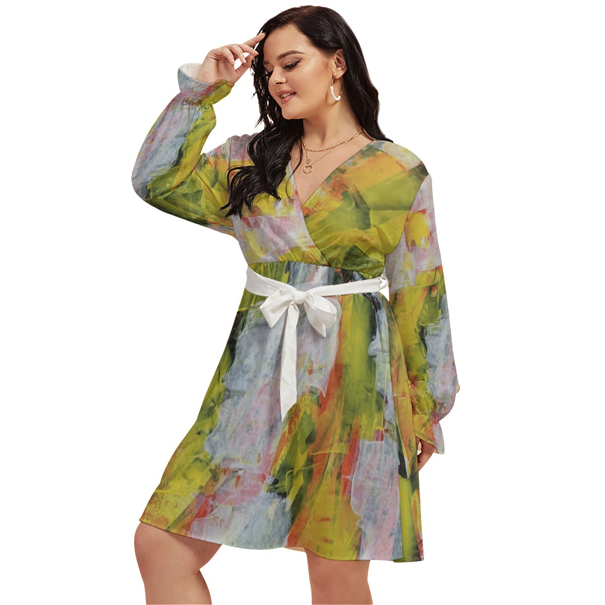 All-Over Print Women's V-neck Dress With Waistband(Plus Size)