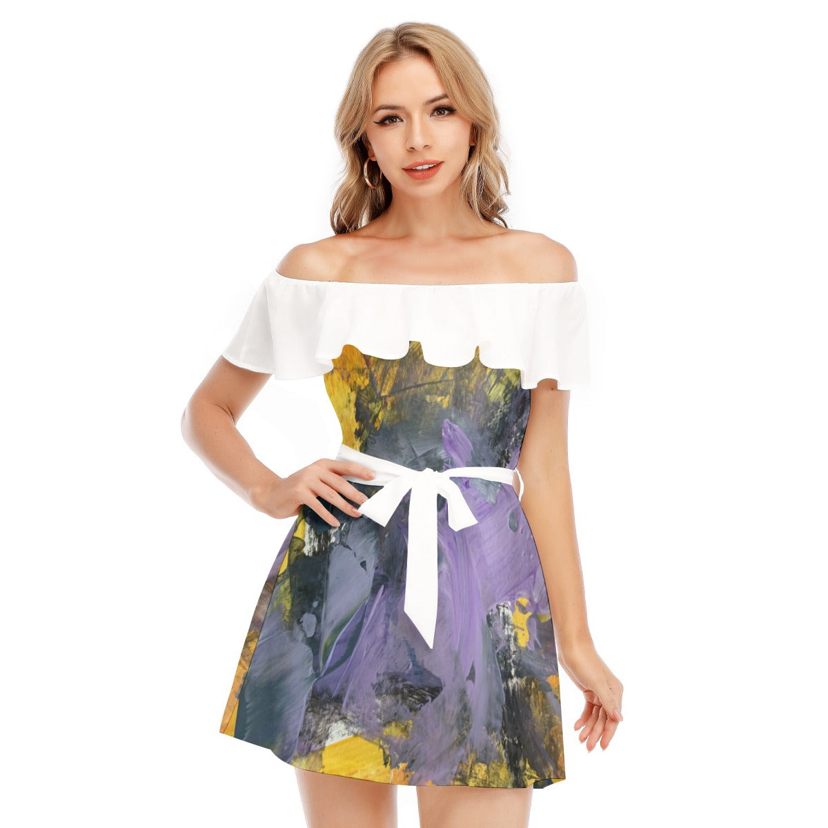 All-Over Print Women's Off-shoulder Dress With Ruffle